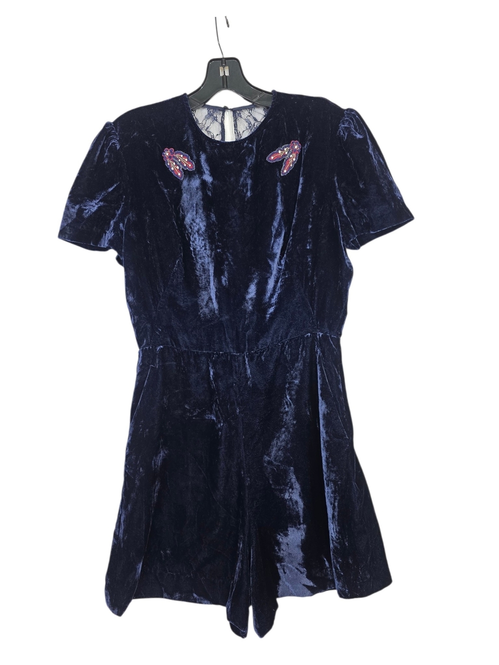 Sandro  Navy Blue Velvet Romper  with red Bead Embellishments